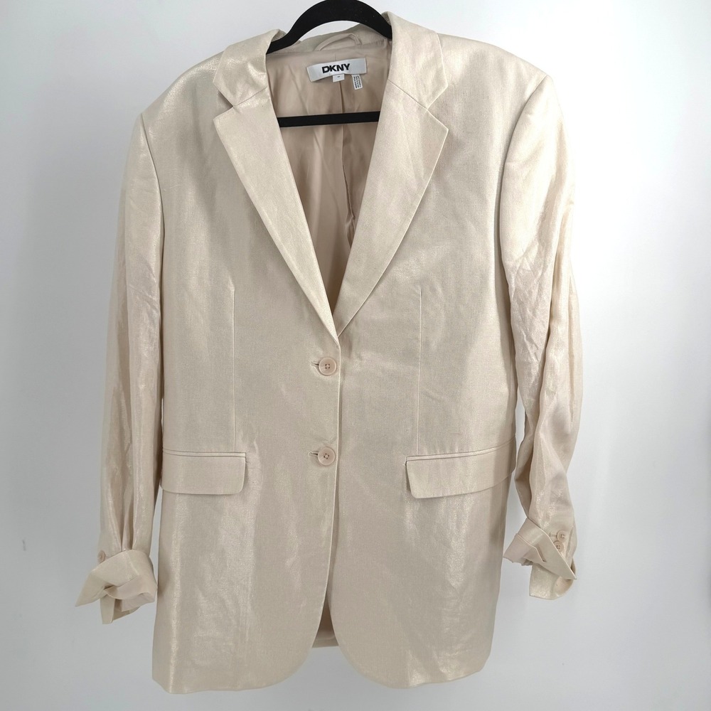 DKNY Blazer Women 18 Champagne Gold Metallic Two Button Lined Jacket Classic